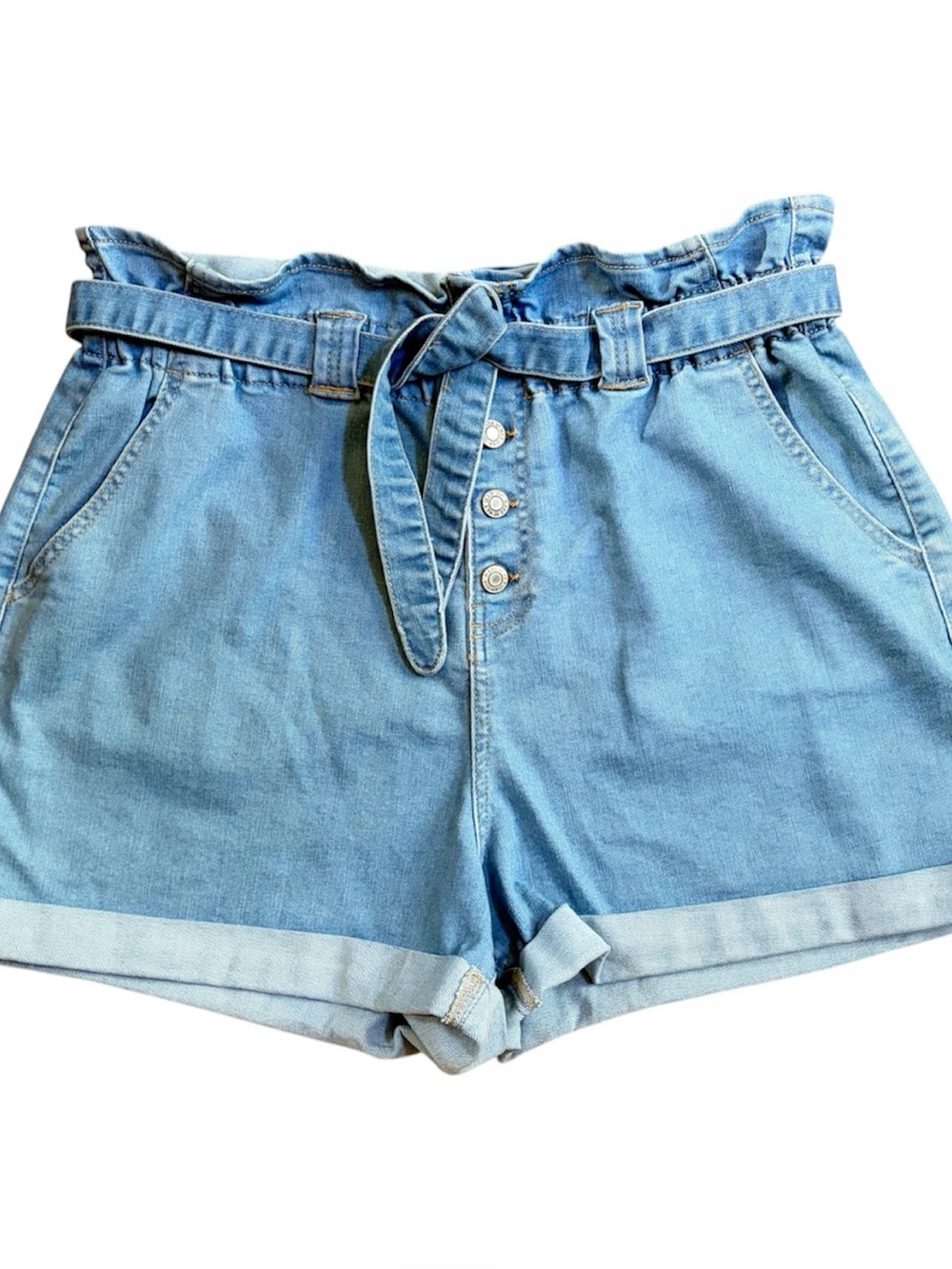 light blue high-waisted denim paperbag shorts fabric tie belt 1XL